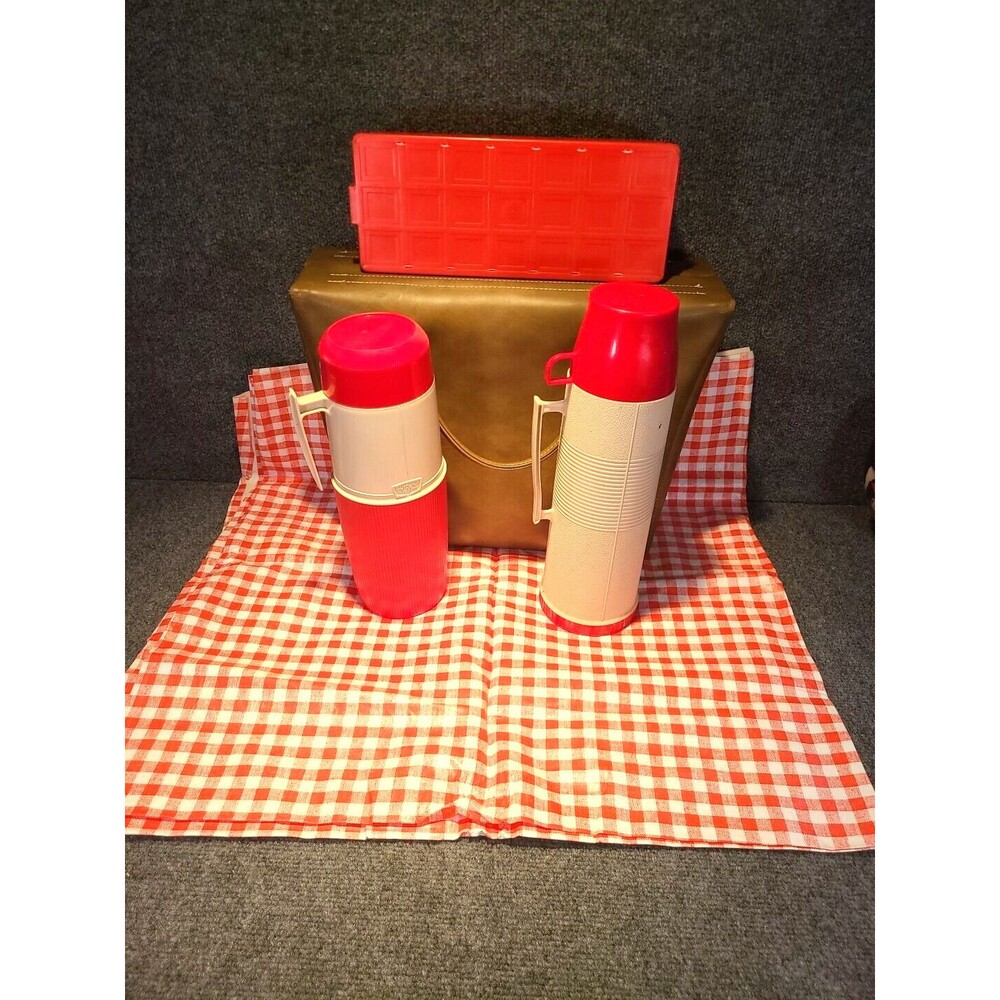 Vintage Thermos Five Piece Picnic Set!  Red And Cream Colored W/Table Cloth